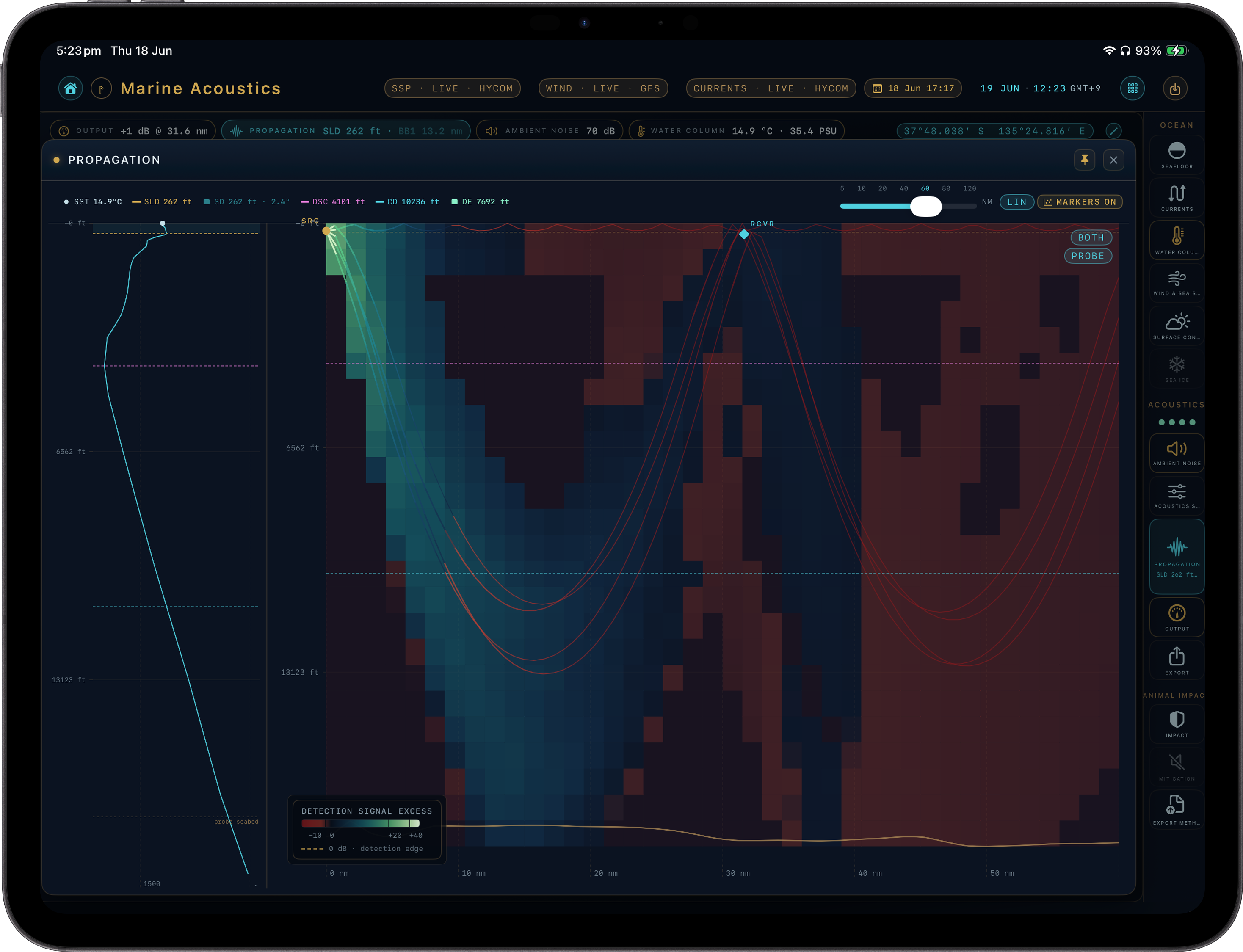 Ægir Prediction on iPad Pro — ray-path fan and sound-speed profile over a transmission-loss field.