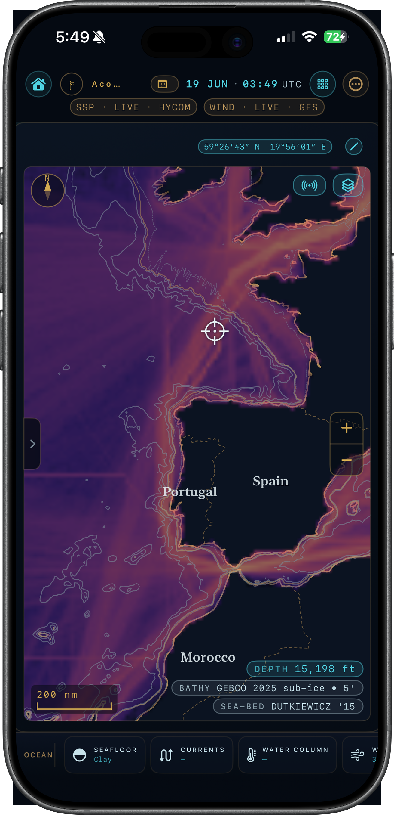 Ægir Prediction on iPhone — transmission-loss field over the Iberian shelf.